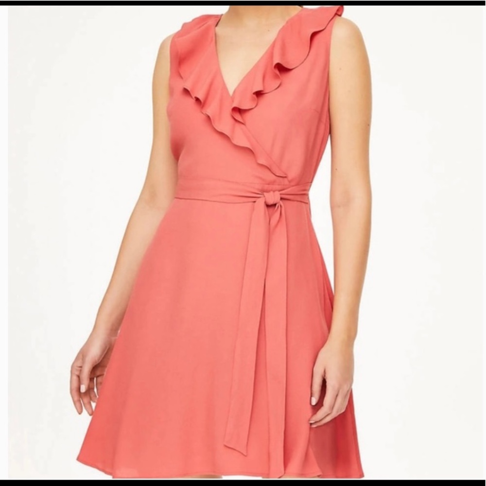 Loft Ruffle Wrap Dress Size 10P Coral Color